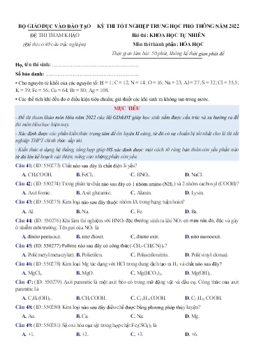 Đề minh họa thi Tốt nghiệp Trung học Phổ thông môn Hóa học Lớp 12 - Năm học 2021-2022 (Có đáp án)