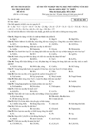 Đề thi thử Tốt nghiệp Trung học Phổ thông môn Hóa học Lớp 12 - Đề số 1 - Năm học 2022-2023 (Có đáp án)