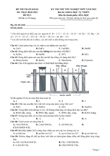 Đề thi thử Tốt nghiệp Trung học Phổ thông môn Hóa học Lớp 12 - Đề số 5 - Năm học 2022-2023 (Có đáp án)