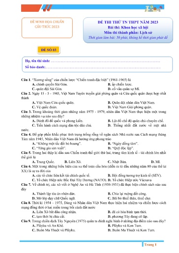 Đề thi thử Tốt nghiệp Trung học Phổ thông môn Lịch sử Lớp 12 - Đề số 3 - Năm học 2022-2023 (Có đáp án)