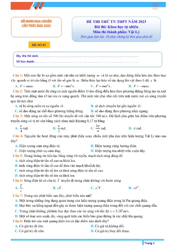 Đề thi thử Tốt nghiệp Trung học Phổ thông môn Vật lý Lớp 12 - Đề số 3 - Năm học 2022-2023 (Có đáp án)