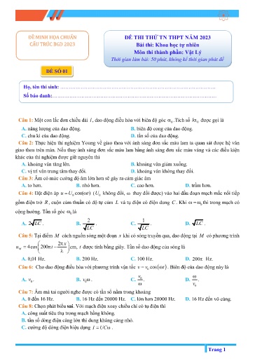 Đề thi thử Tốt nghiệp Trung học Phổ thông môn Vật lý Lớp 12 - Đề số 1 - Năm học 2022-2023 (Có đáp án)